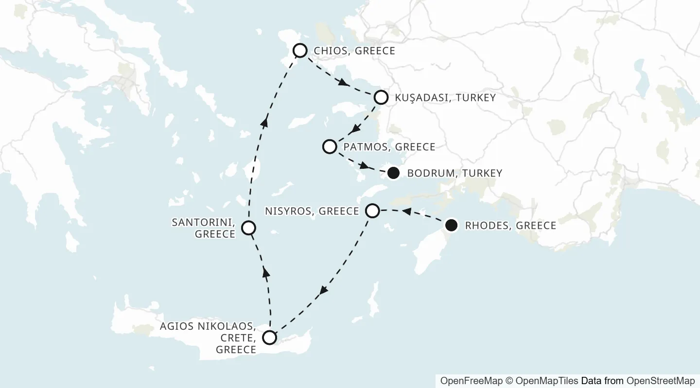 Route map: Rhodes to Bodrum