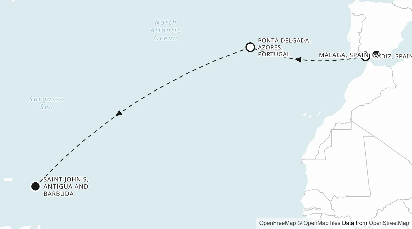 Route map: Málaga to Saint John's