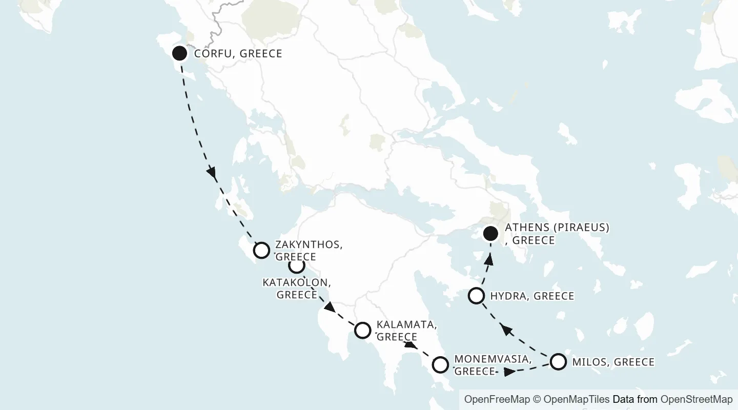 Route map: Corfu to Athens (Piraeus)
