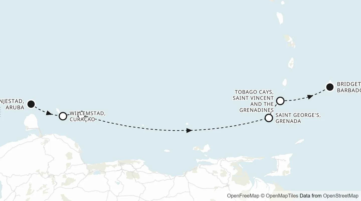 Route map: Oranjestad to Bridgetown