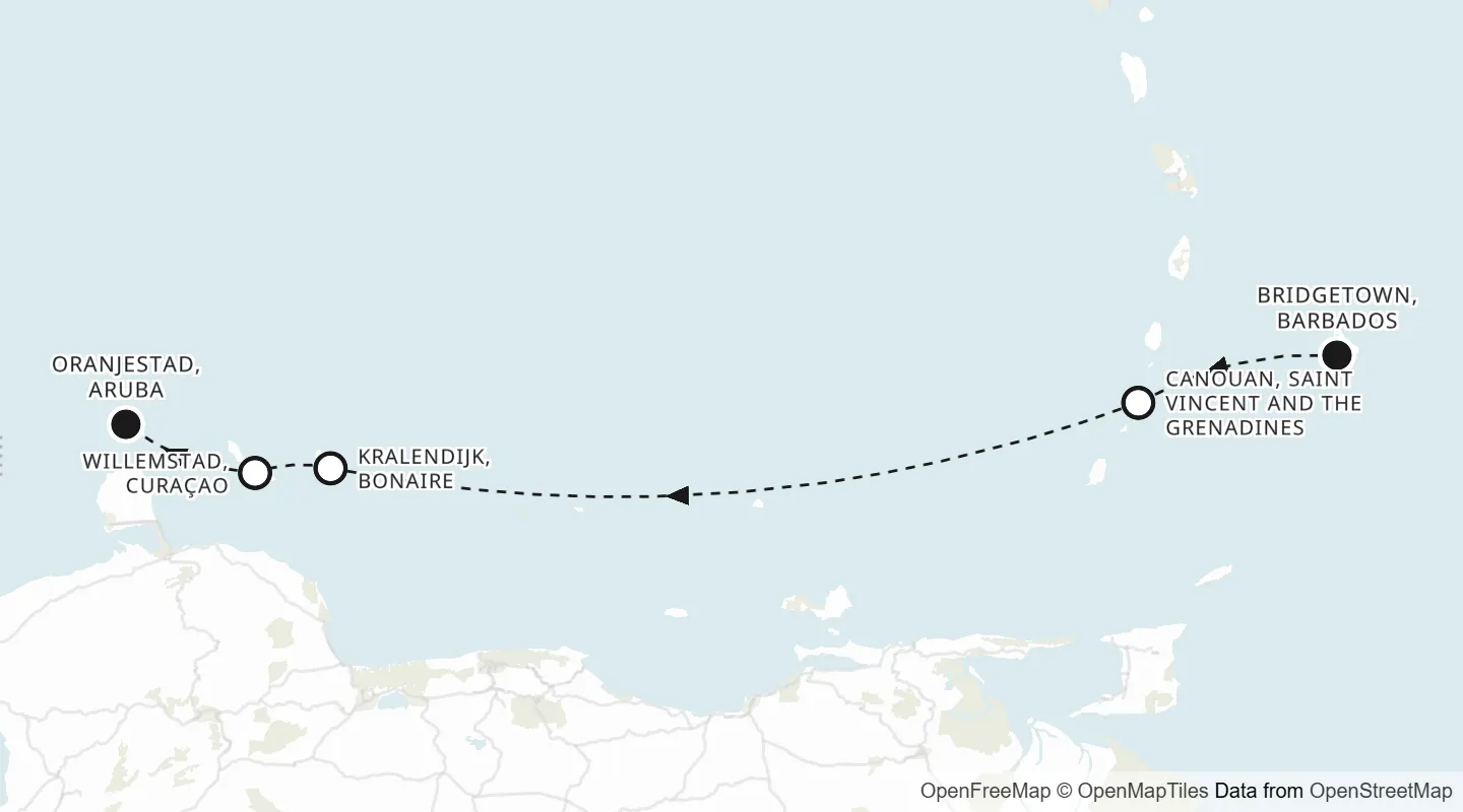 Route map: Bridgetown to Oranjestad