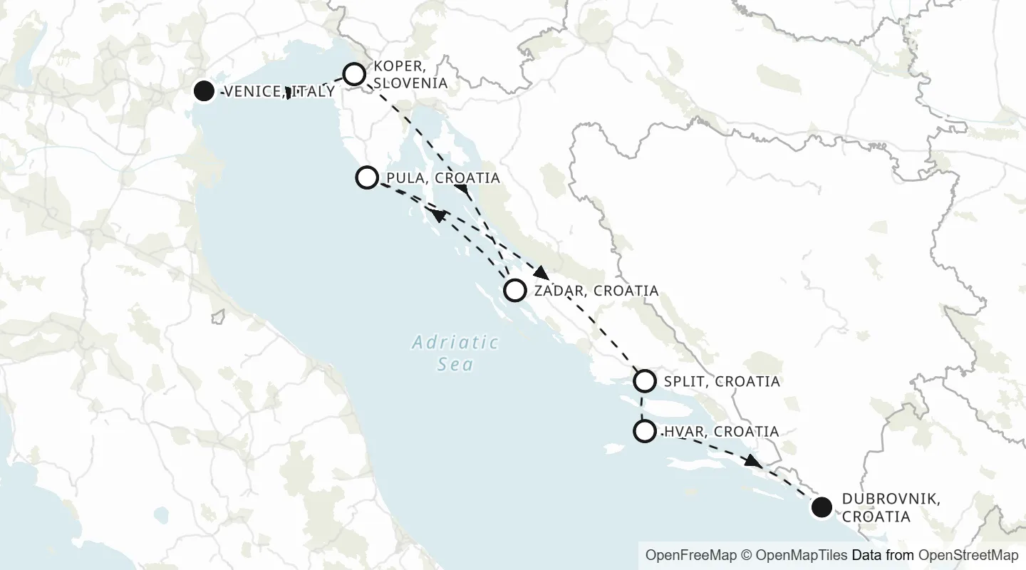 Route map: Venice to Dubrovnik