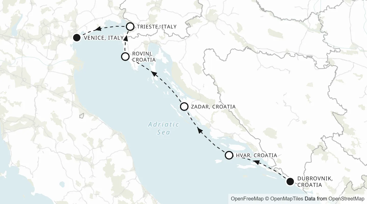 Route map: Dubrovnik to Venice