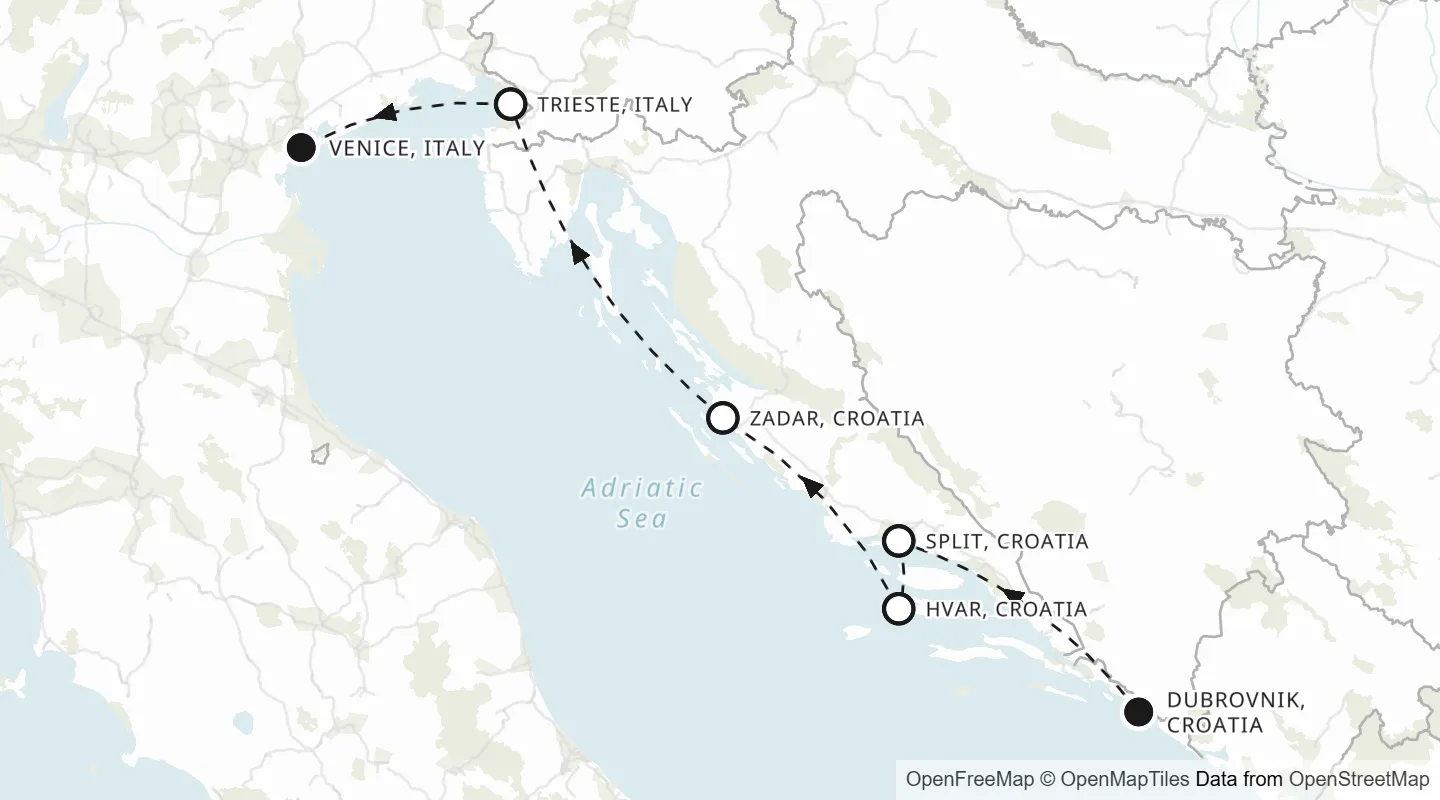 Route map: Dubrovnik to Venice