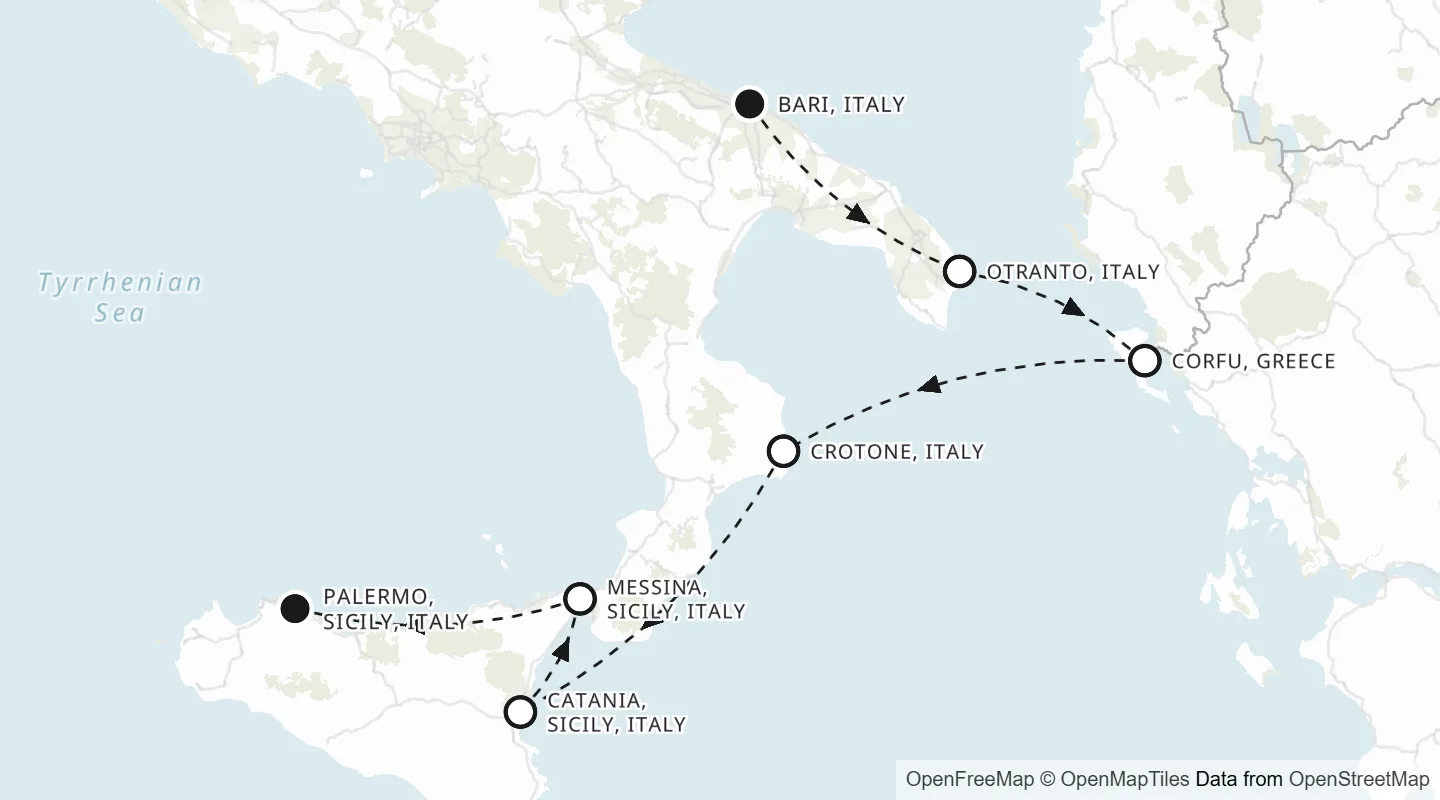 Route map: Bari to Palermo