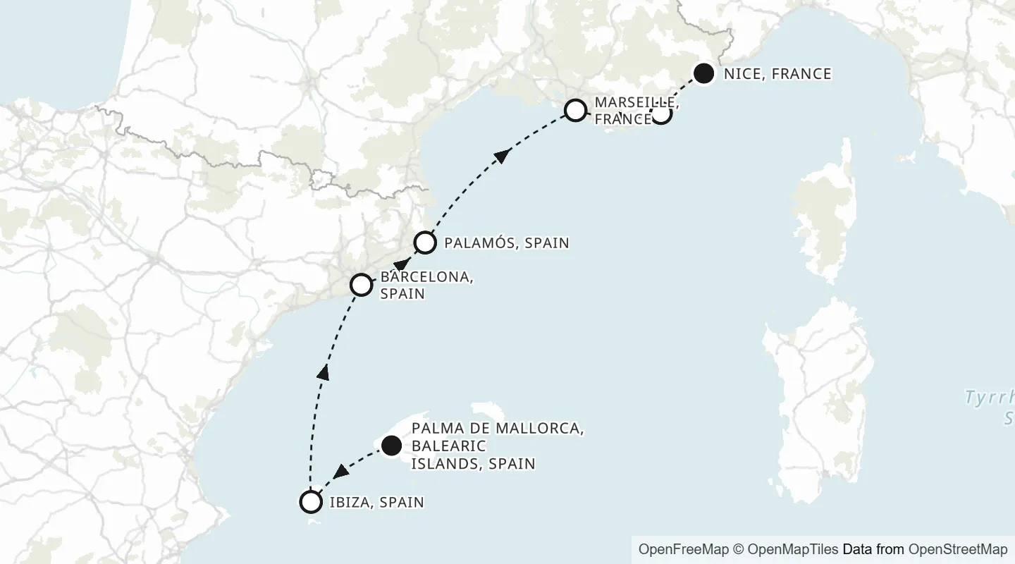 Route map: Palma de Mallorca to Nice