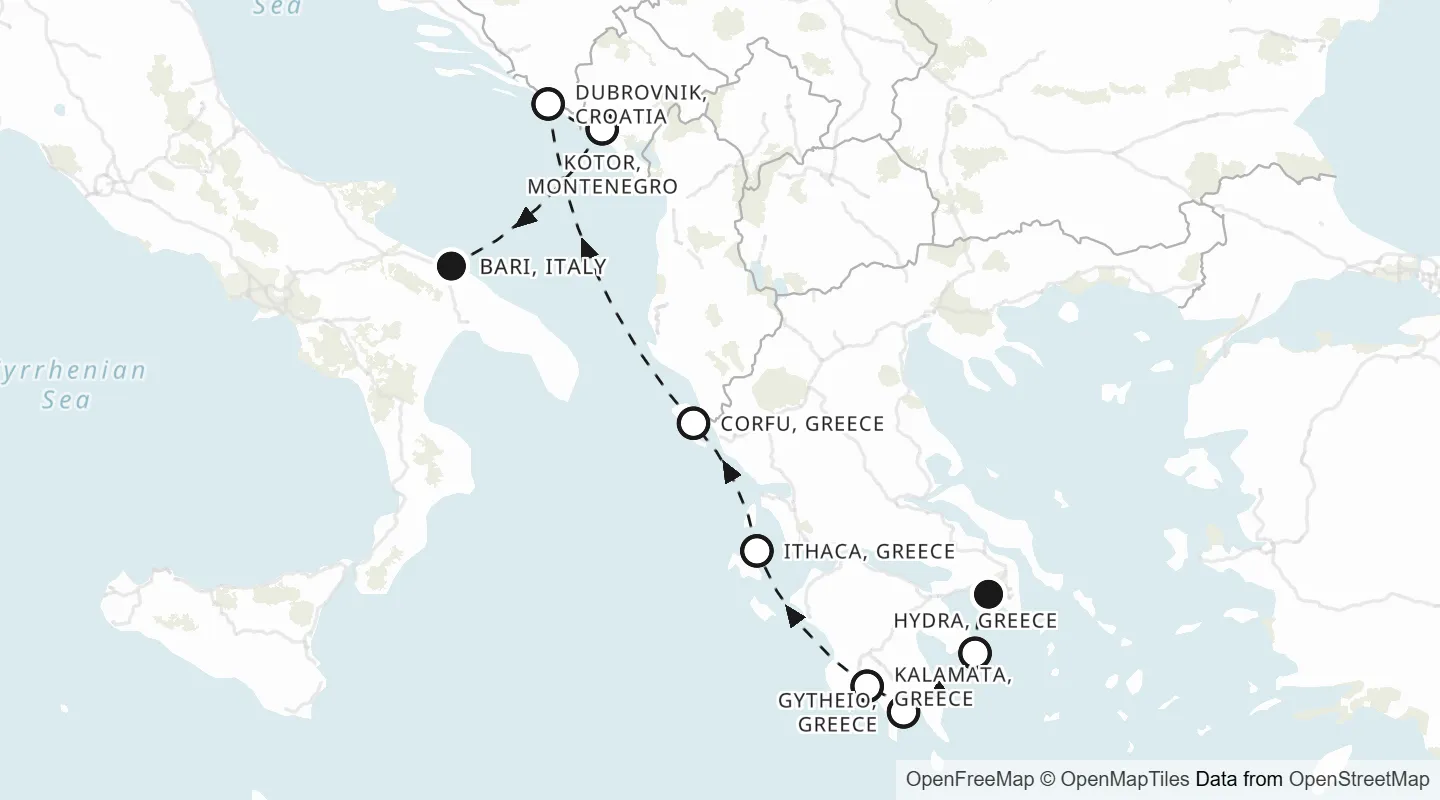 Route map: Athens (Piraeus) to Bari