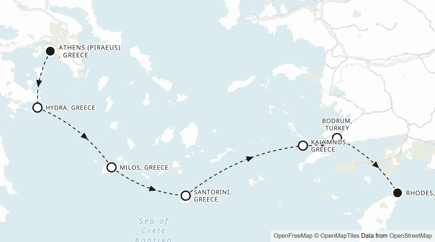 Route map: Athens (Piraeus) to Rhodes