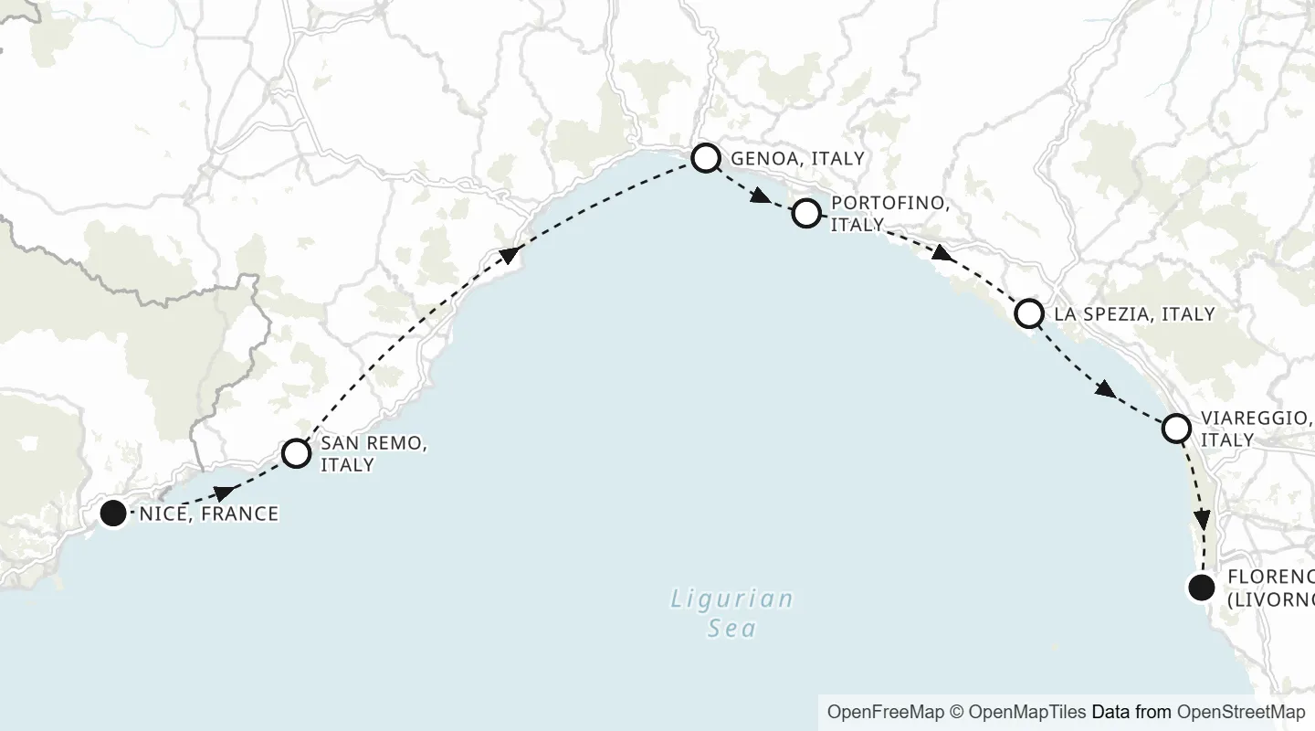 Route map: Nice to Florence (Livorno)