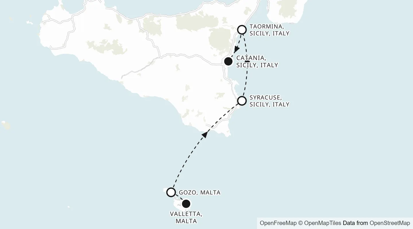 Route map: Valletta to Catania