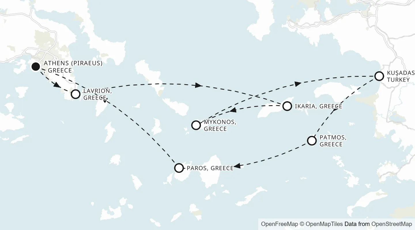 Route map: Athens (Piraeus) roundtrip