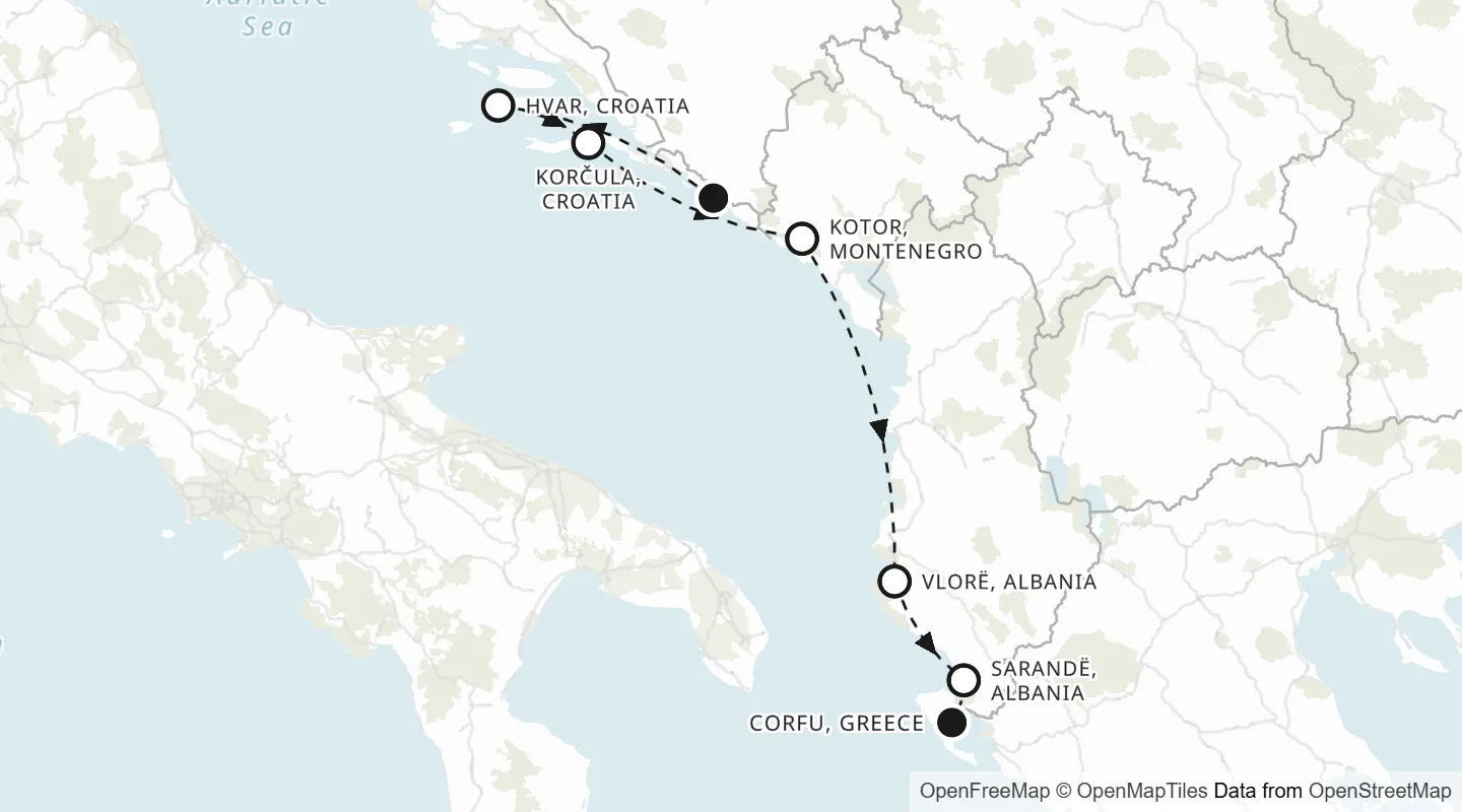 Route map: Dubrovnik to Corfu