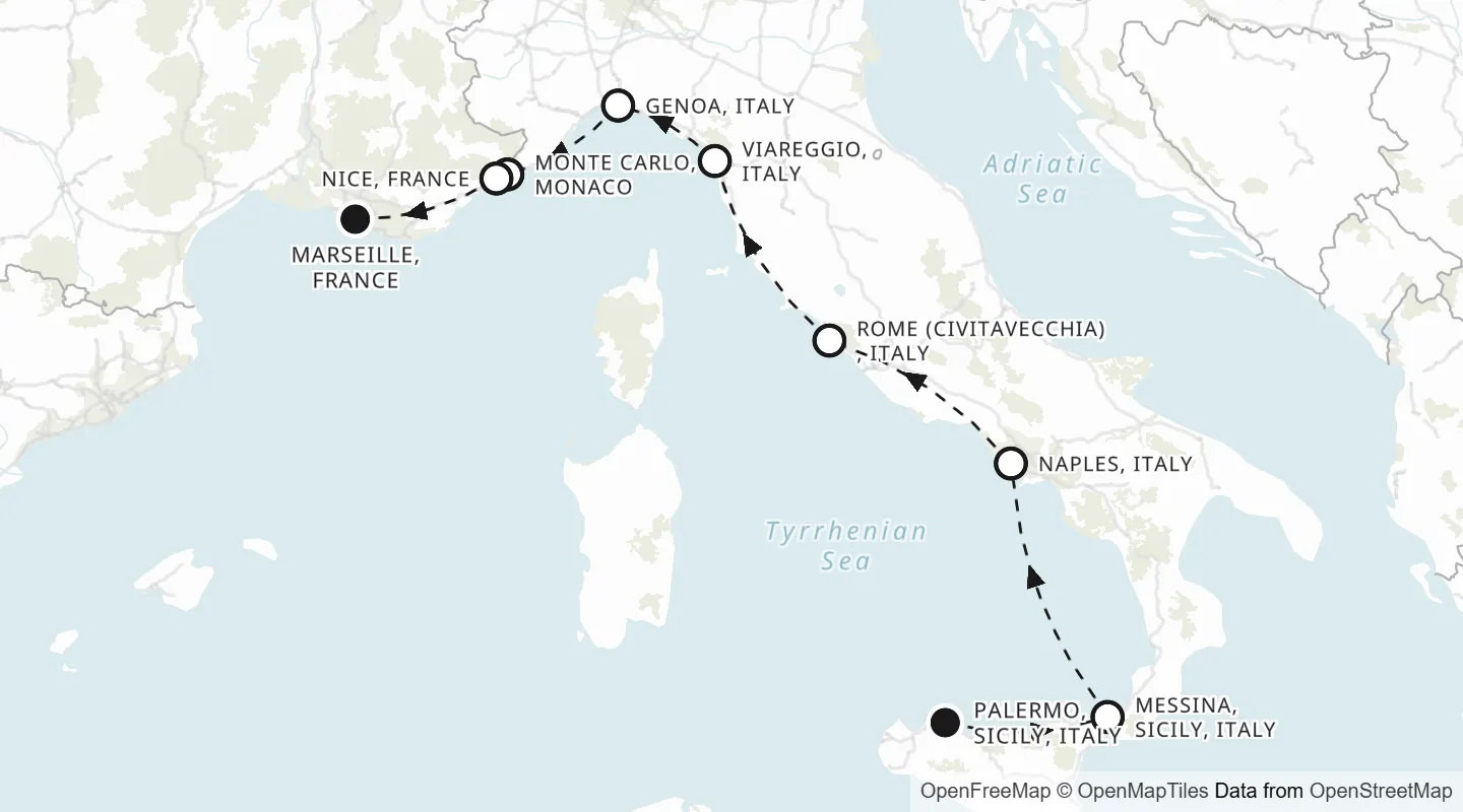 Route map: Palermo to Marseille