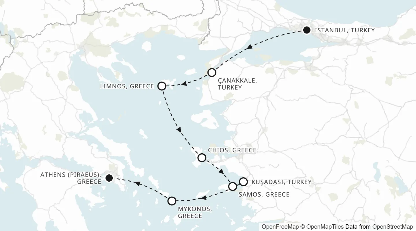 Route map: Istanbul to Athens (Piraeus)
