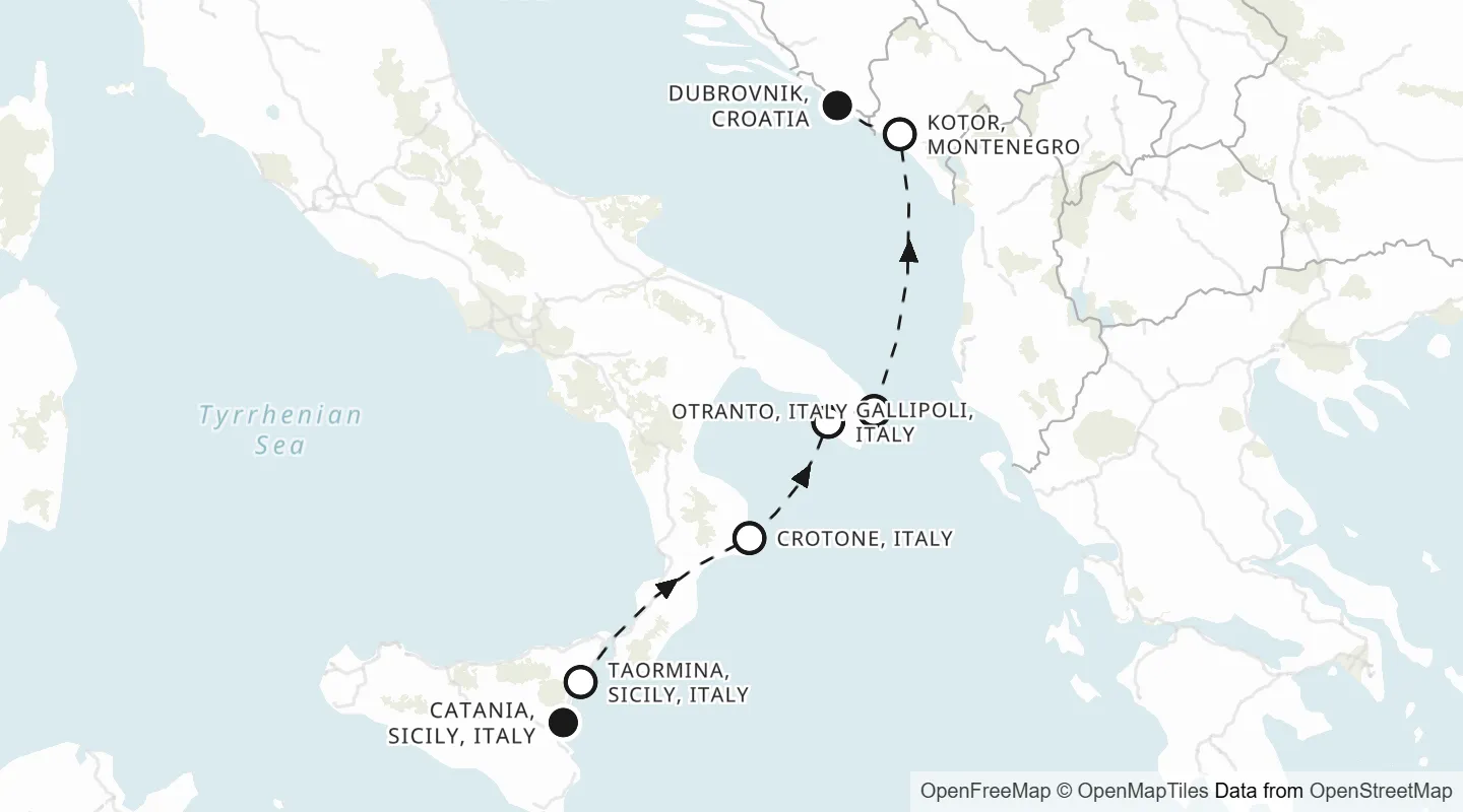Route map: Catania to Dubrovnik