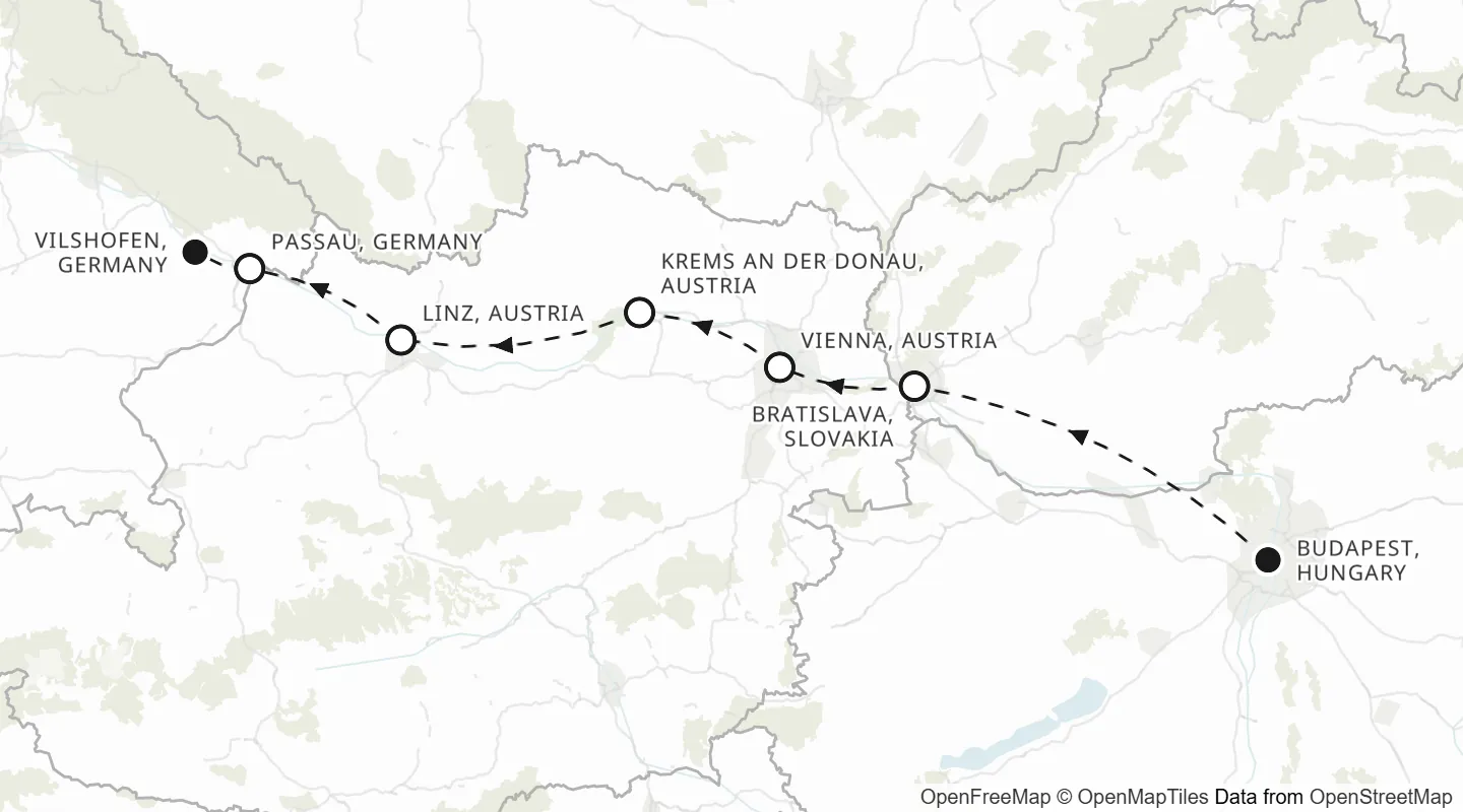 Route map: Budapest to Vilshofen