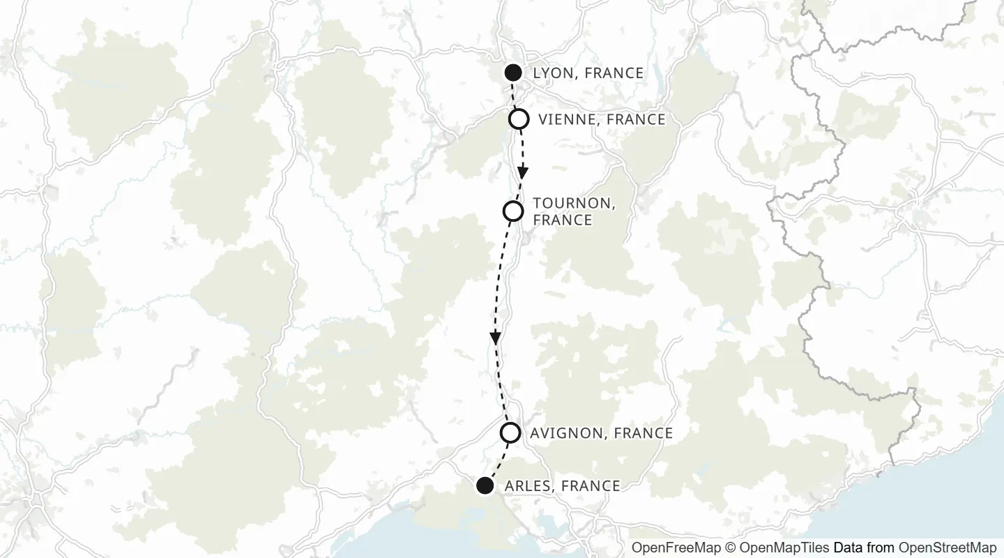 Route map: Lyon to Arles