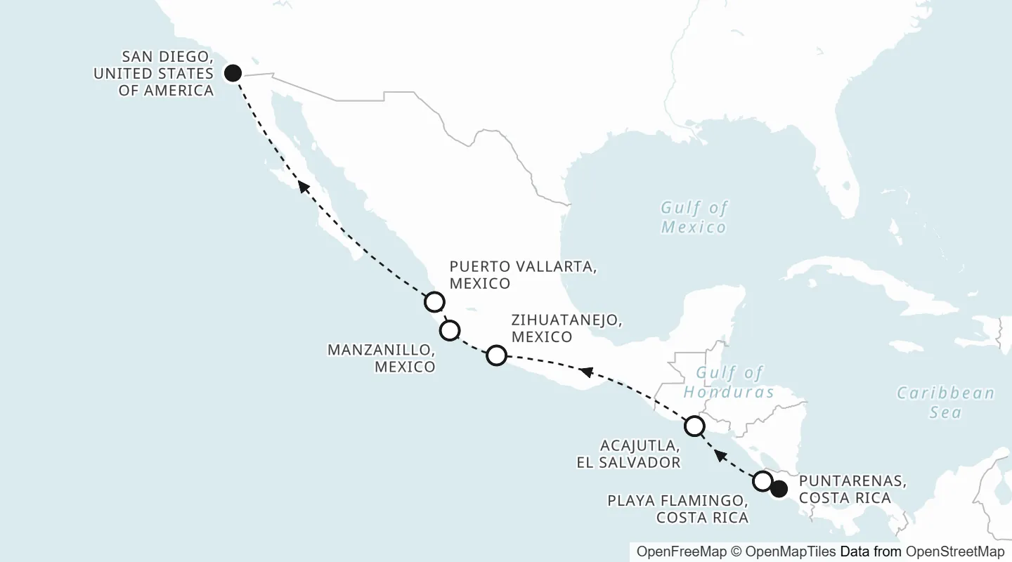 Route map: Puntarenas to San Diego