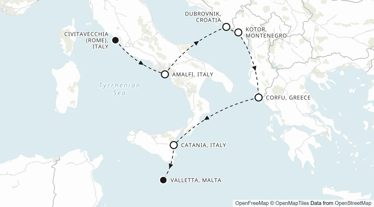 Route map: Civitavecchia (Rome) to Valletta