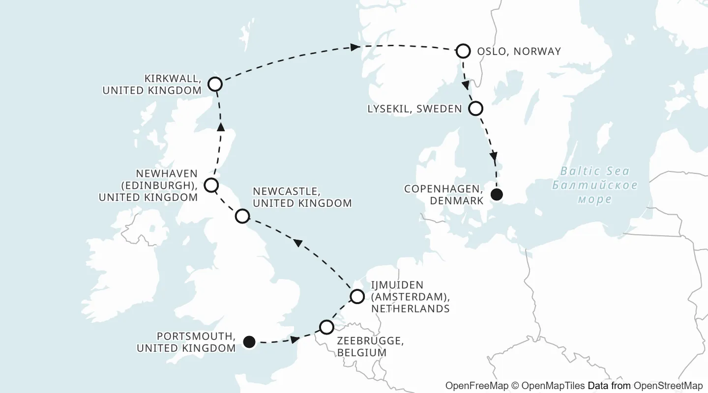 Route map: Portsmouth to Copenhagen