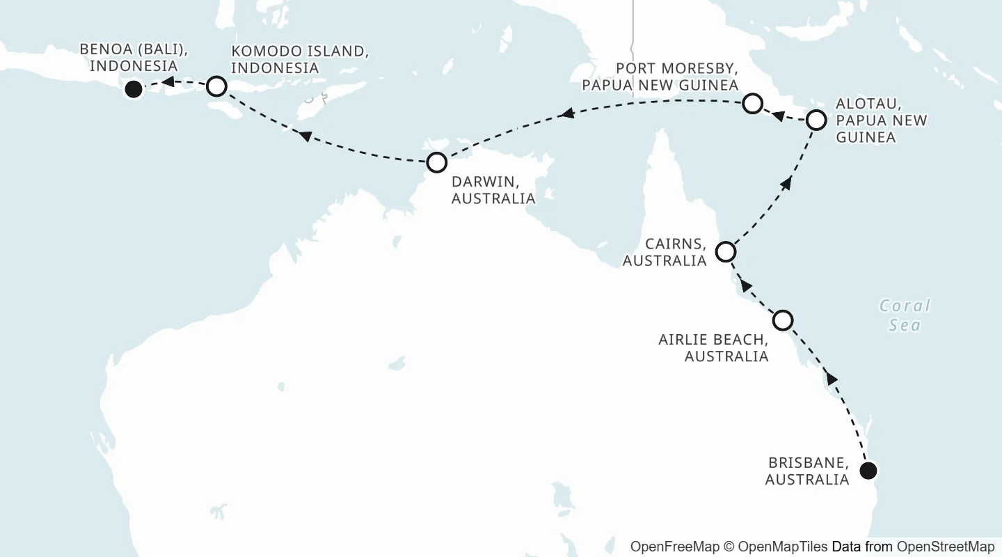 Route map: Brisbane to Benoa (Bali)