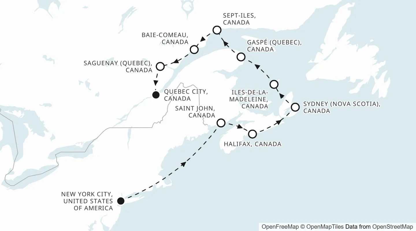 Route map: New York City to Quebec City