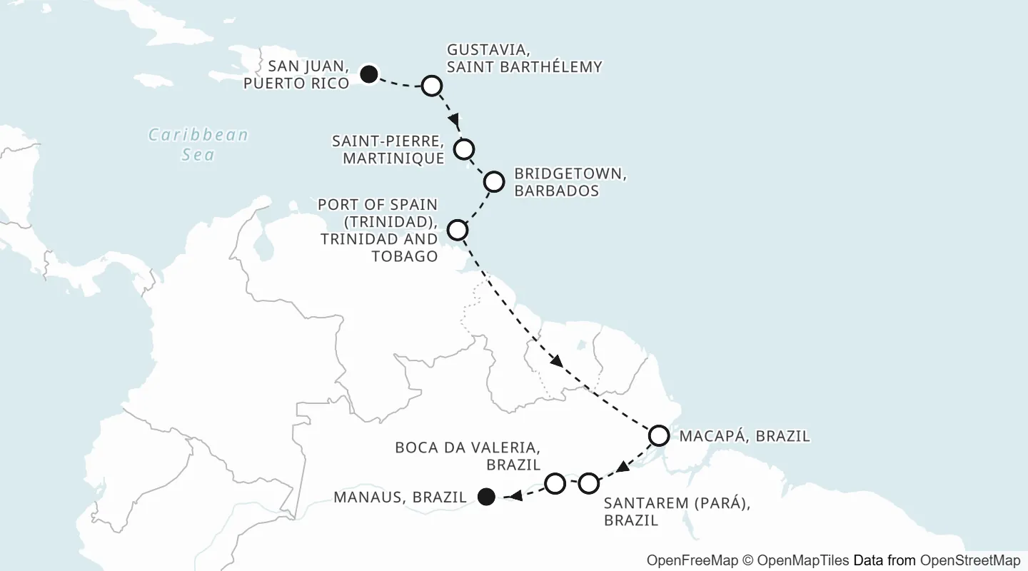 Route map: San Juan to Manaus