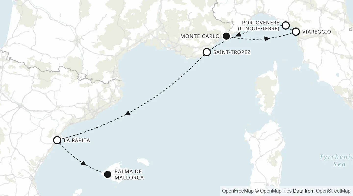 Route map: Monte Carlo to Palma de Mallorca