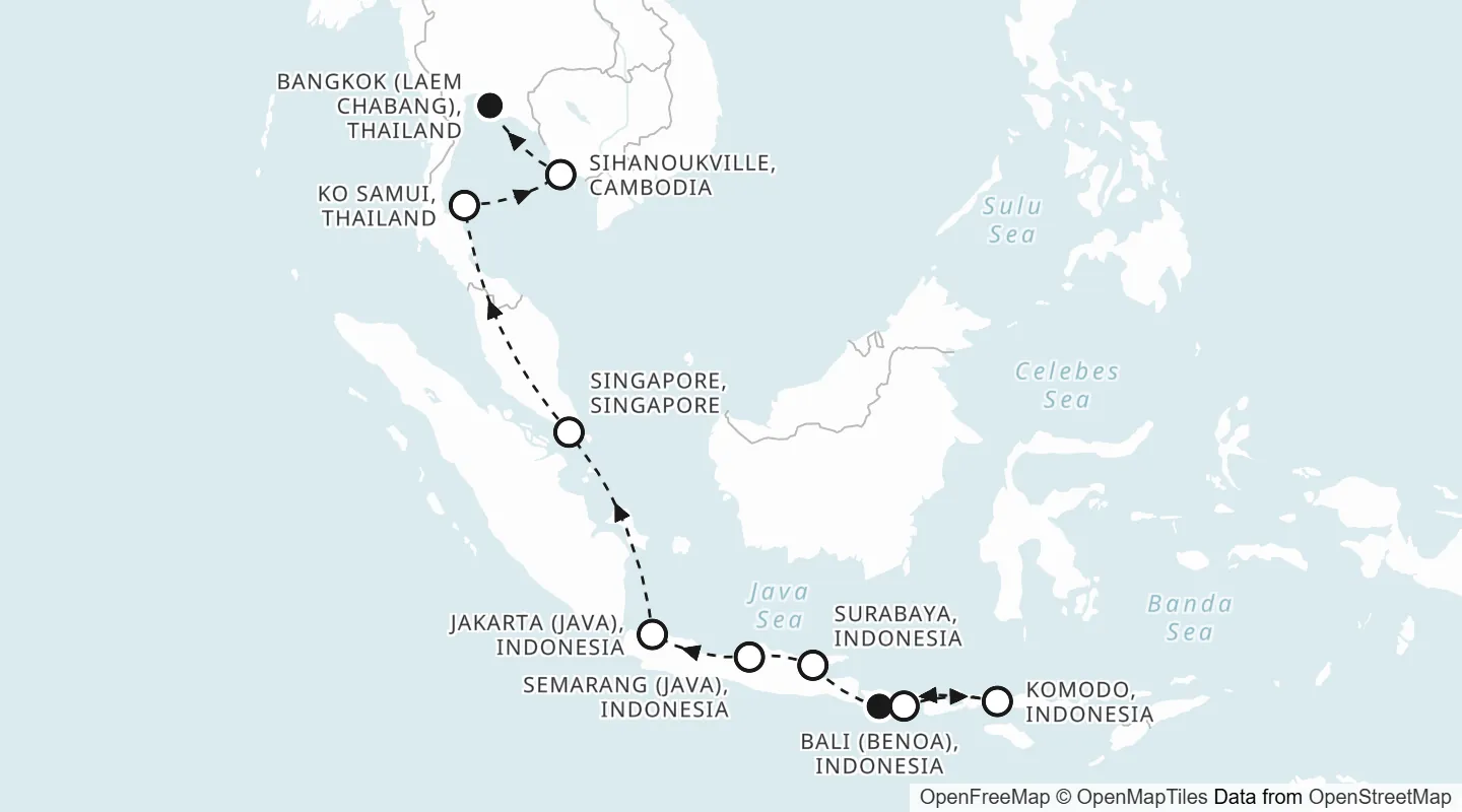 Route map: Bali to Bangkok
