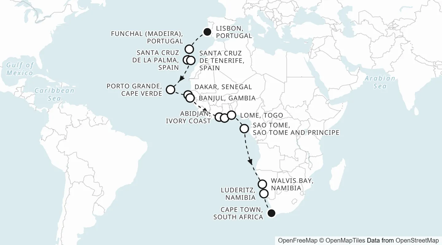 Route map: Lisbon to Cape Town