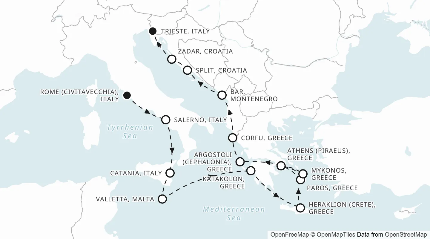 Route map: Rome to Trieste