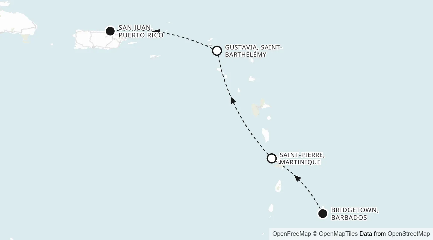 Route map: Bridgetown to San Juan