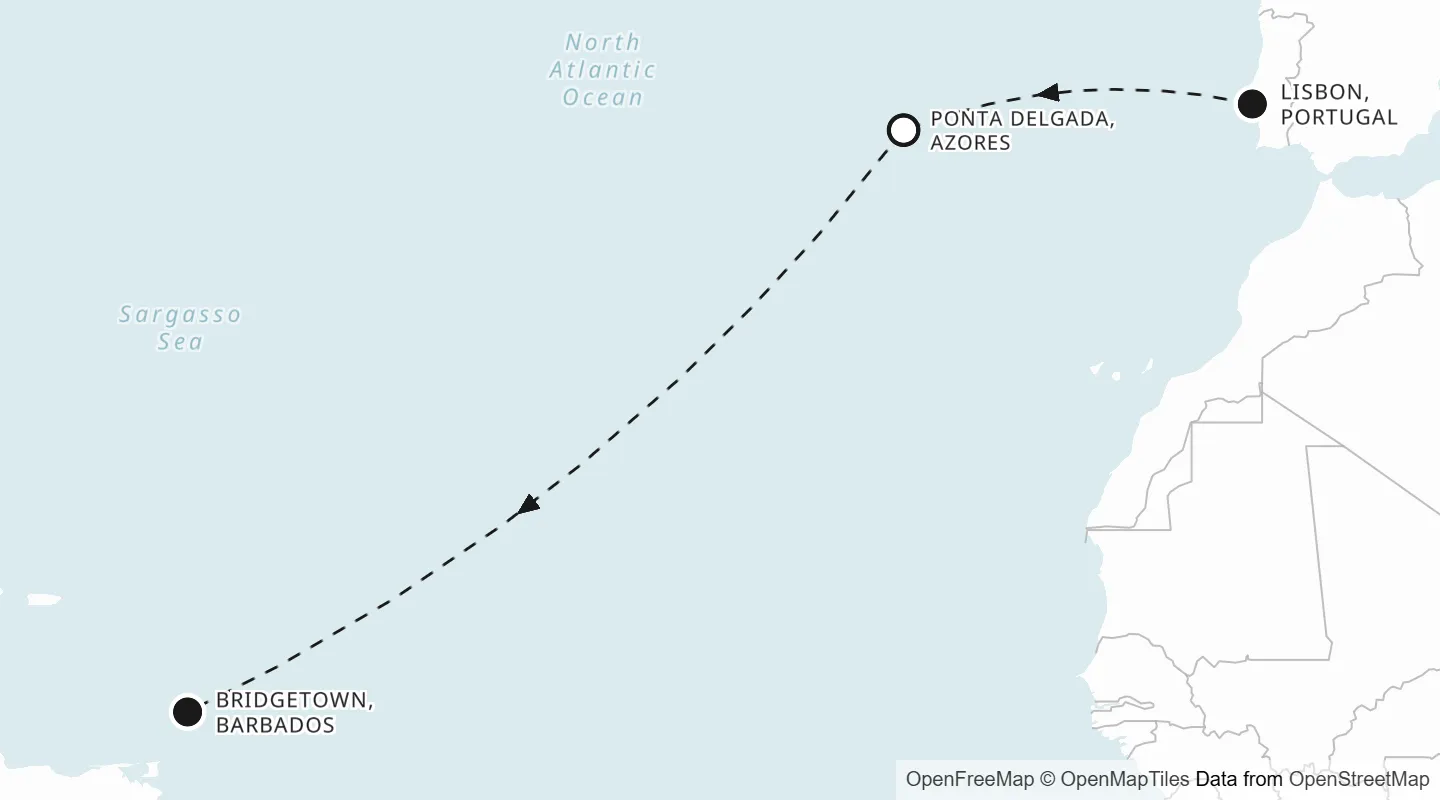 Route map: Lisbon to Bridgetown