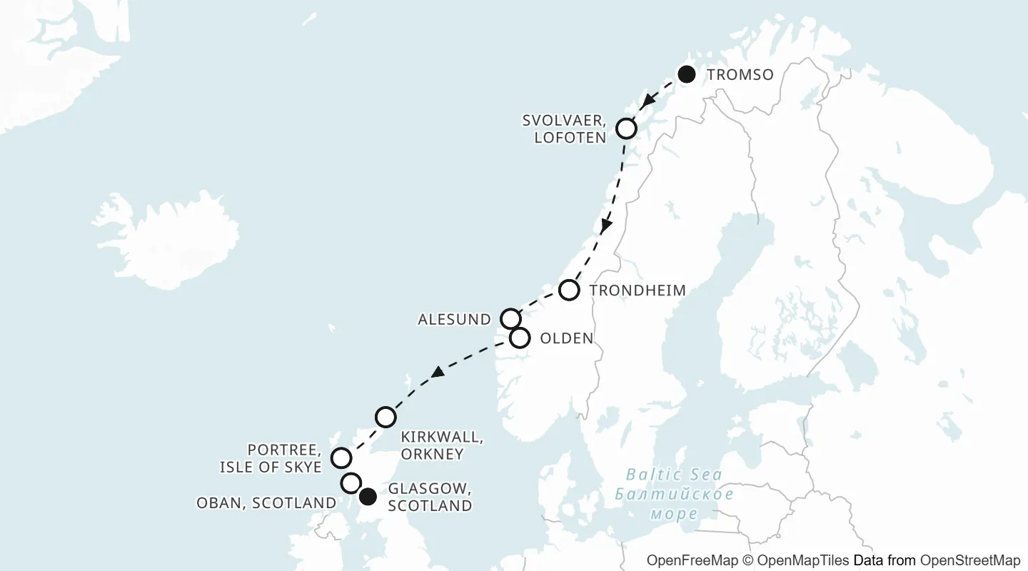 Route map: Tromso to Glasgow, Scotland