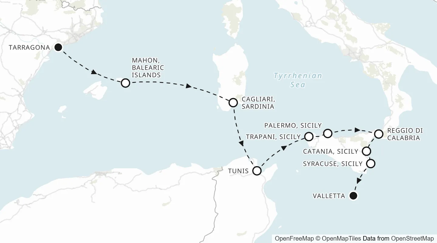 Route map: Tarragona to Valletta