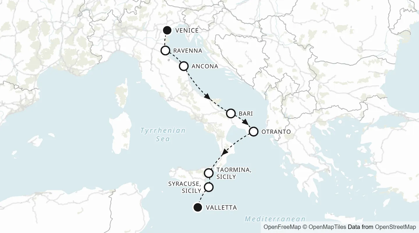 Route map: Venice to Valletta