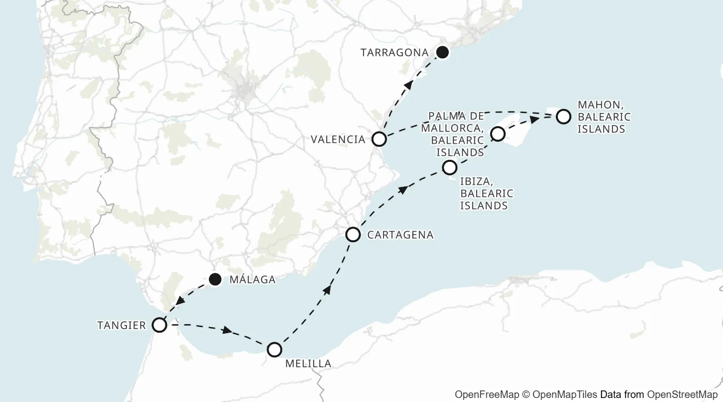 Route map: Málaga to Tarragona