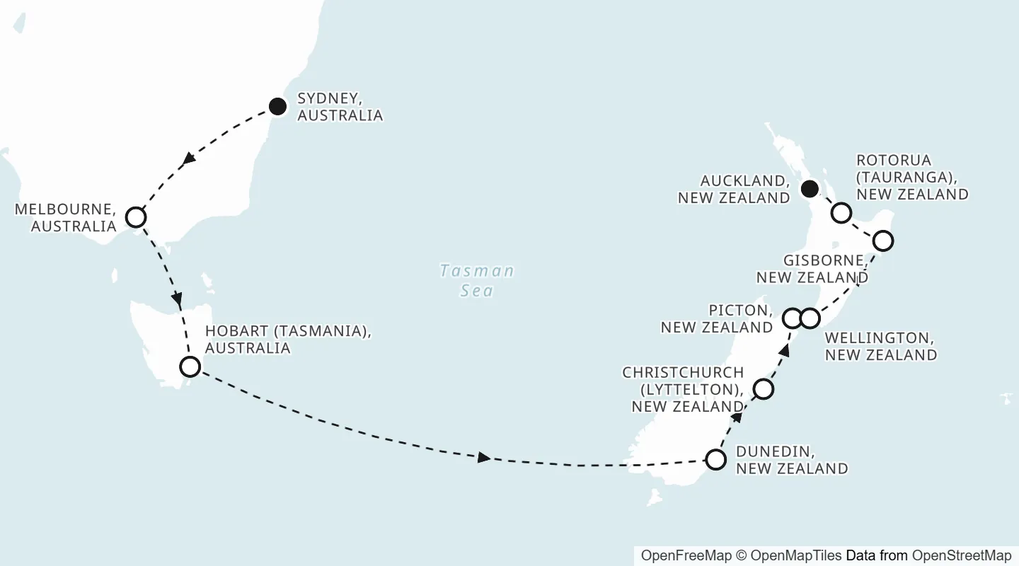 Route map: Sydney to Auckland