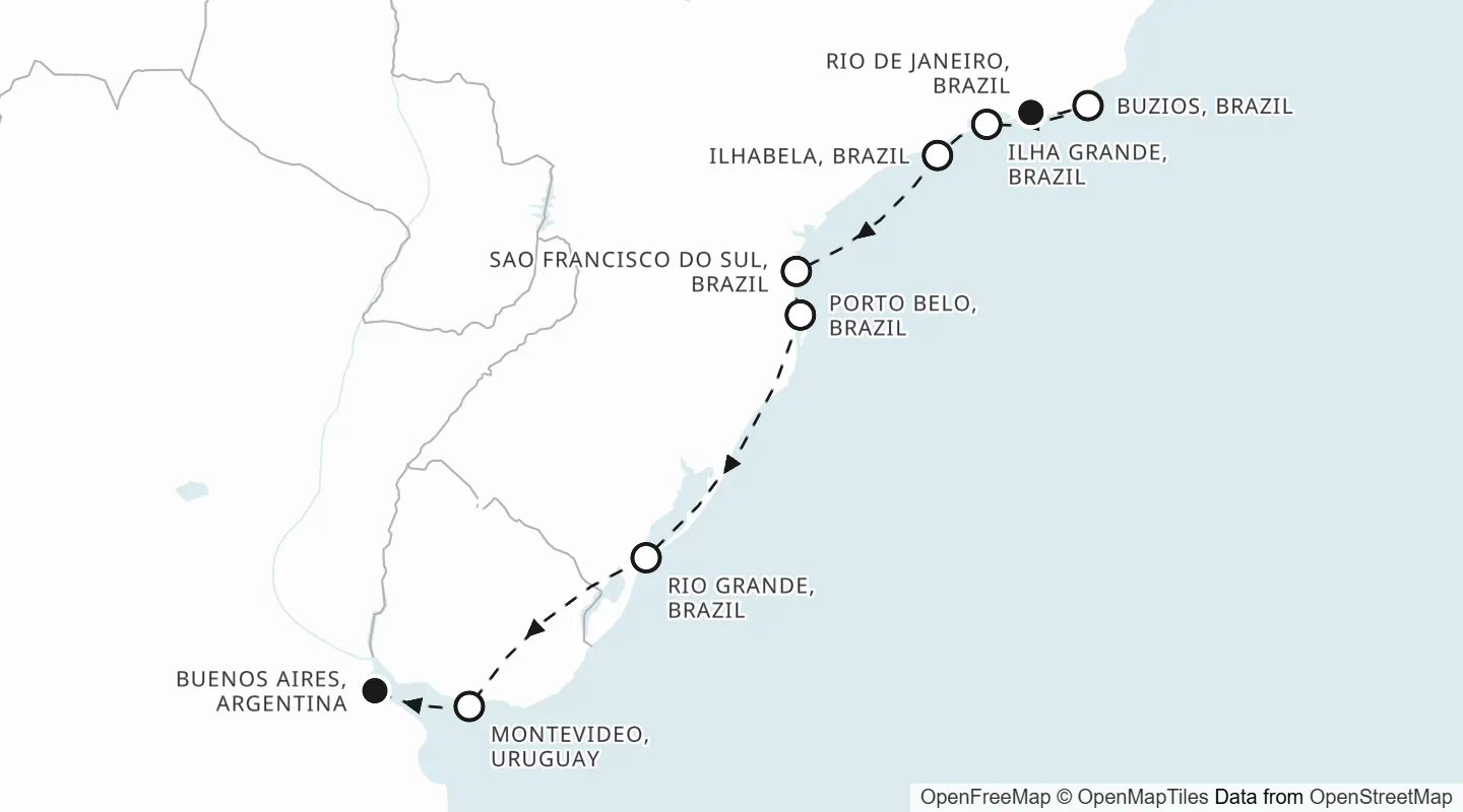 Route map: Rio de Janeiro to Buenos Aires
