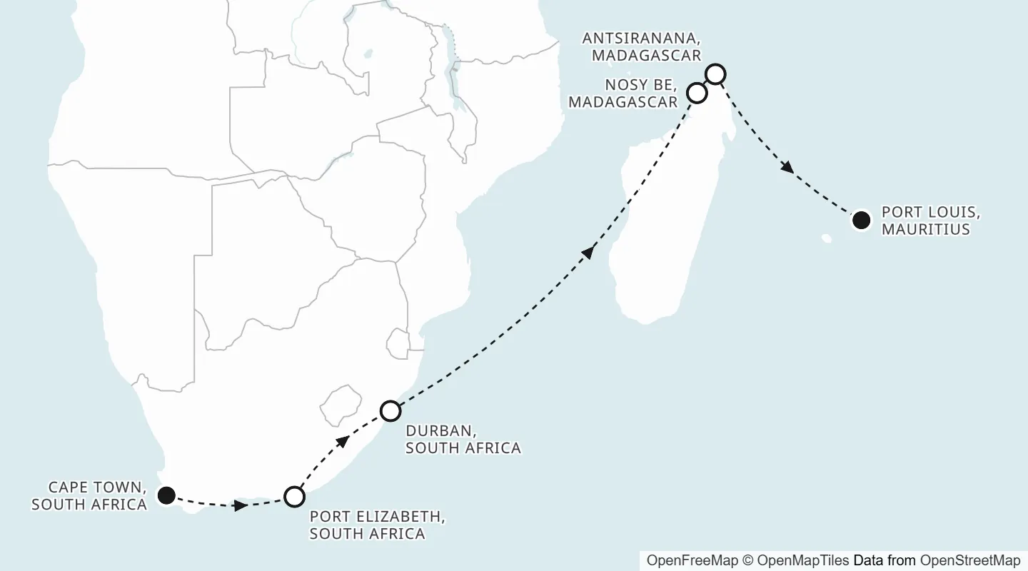 Route map: Cape Town to Port Louis