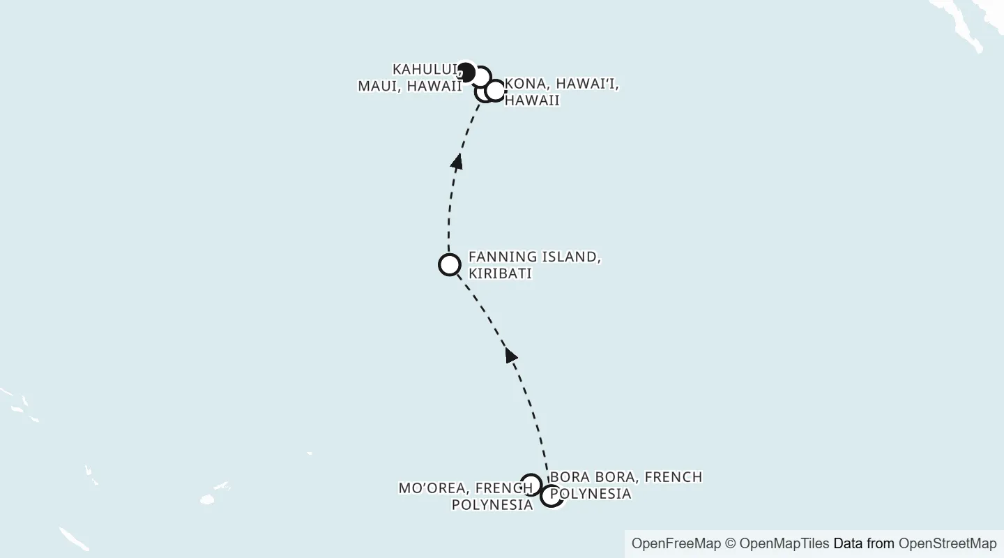 Route map: Papeete, Tahiti to Honolulu, Oahu, Hawaii