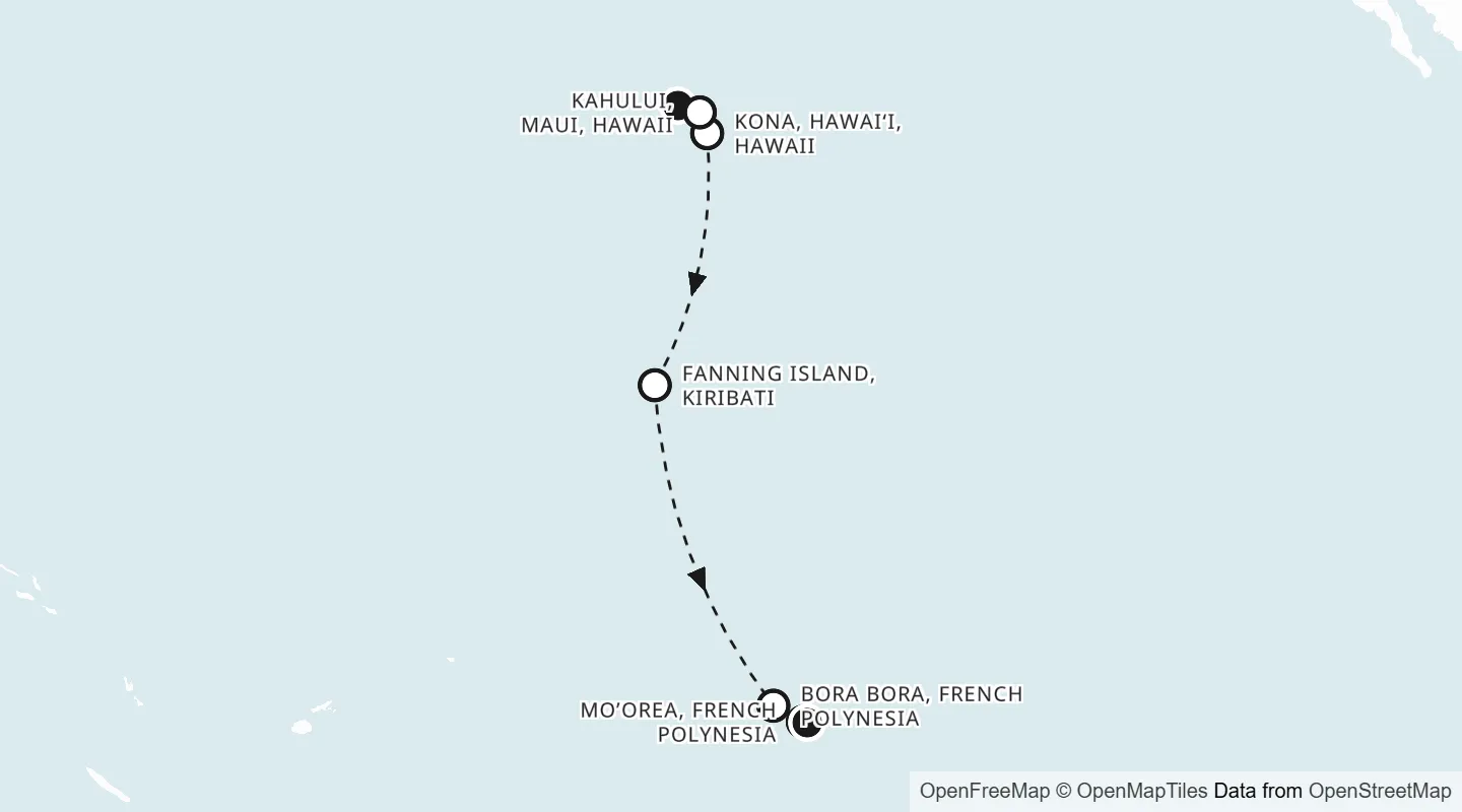 Route map: Honolulu, Oahu, Hawaii to Papeete, Tahiti