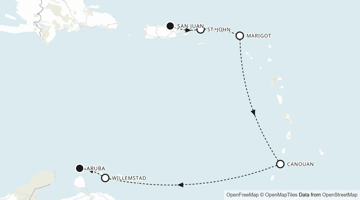 Route map: San Juan to Aruba