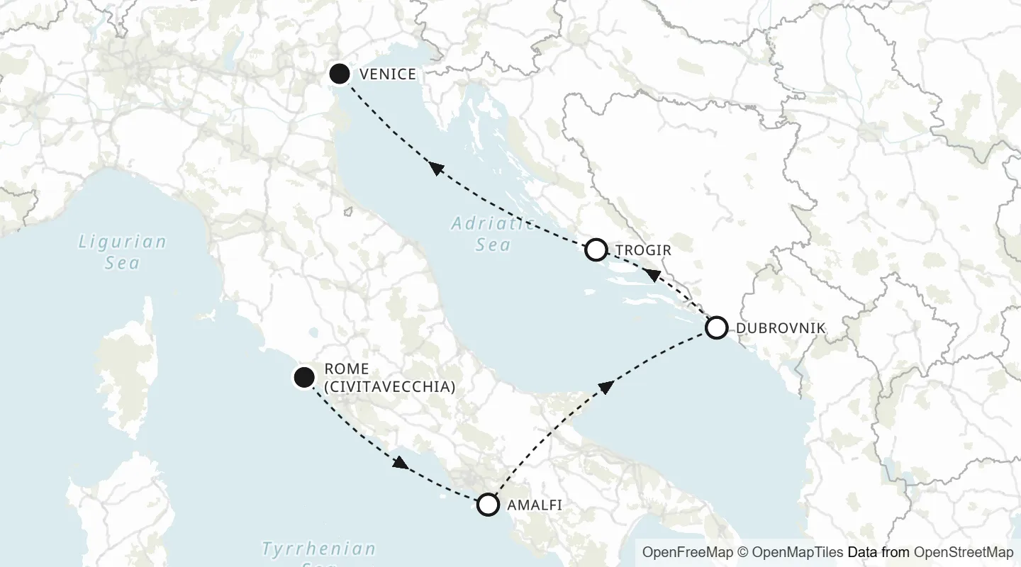 Route map: Rome (Civitavecchia) to Venice
