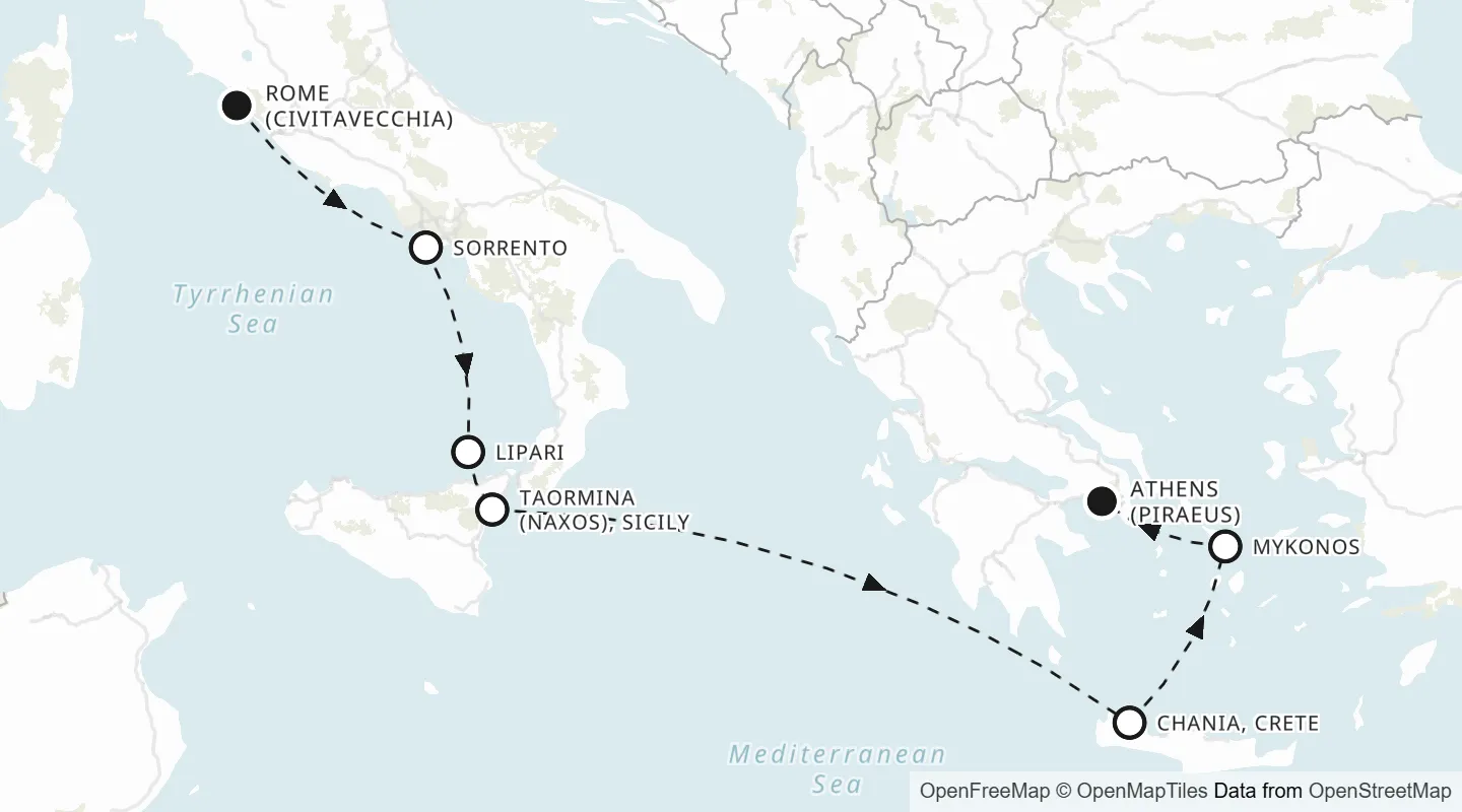 Route map: Rome (Civitavecchia) to Athens (Piraeus)