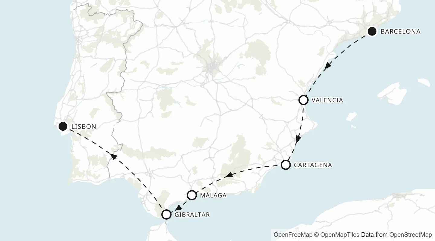 Route map: Barcelona to Lisbon
