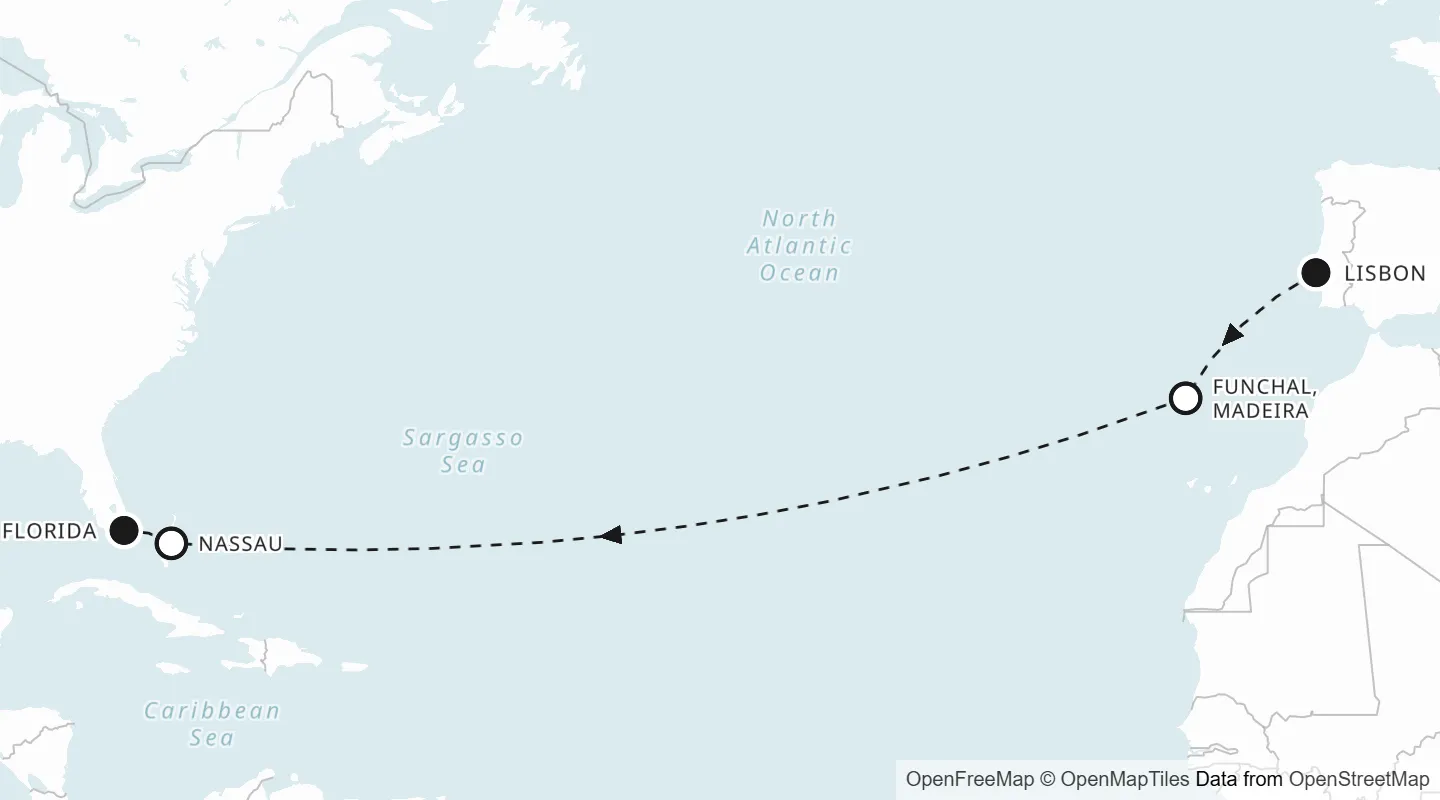 Route map: Lisbon to Miami, Florida