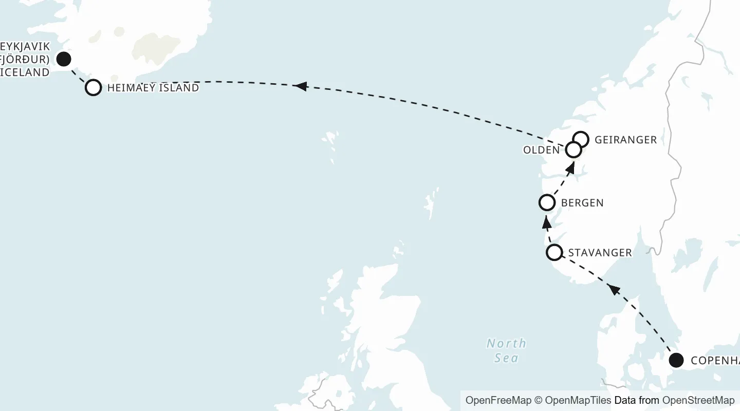 Route map: Copenhagen to Reykjavik