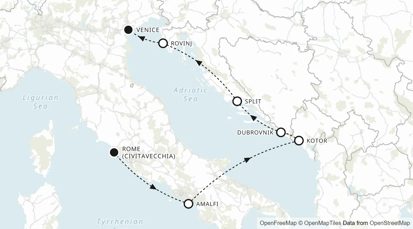 Route map: Rome (Civitavecchia) to Venice