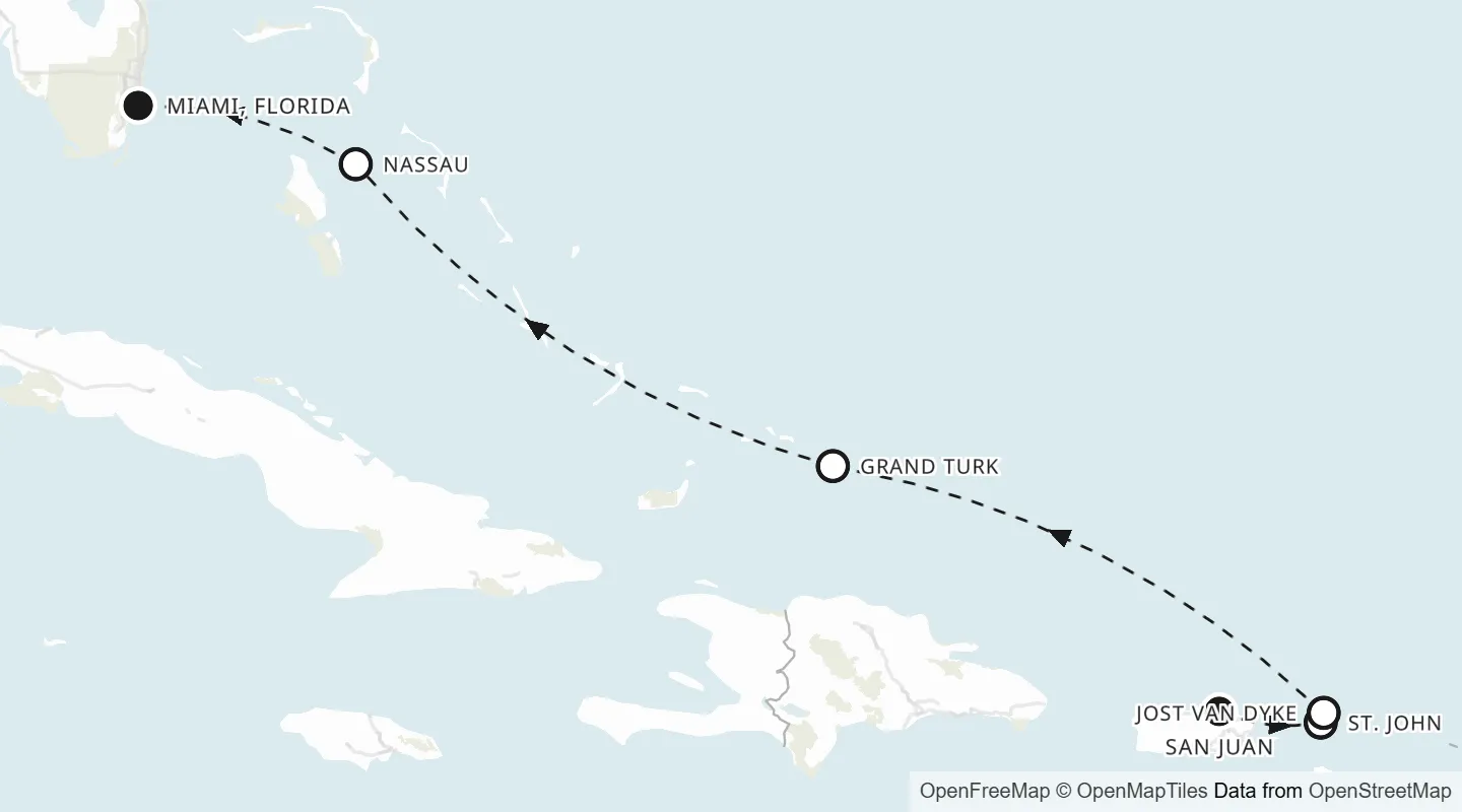 Route map: San Juan to Miami, Florida